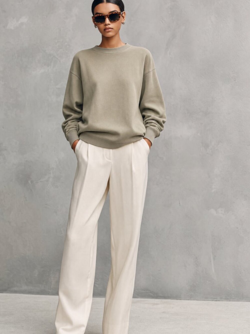 Zara Sage Green Oversized Crewneck Sweatshirt S Washed Khaki Drop Shoulder